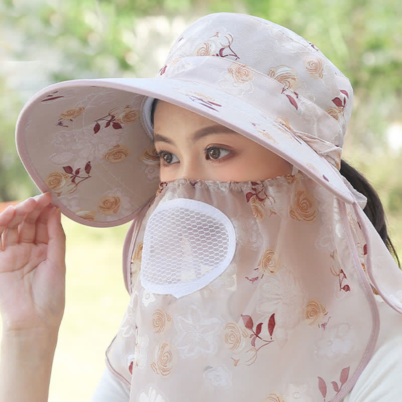 Rose Print Large Brim Shawl Mask Sun Hat - Coffee - One Size - image 10