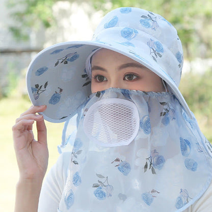 Rose Print Large Brim Shawl Mask Sun Hat - Blue - One Size - image 13