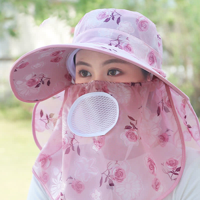 Rose Print Large Brim Shawl Mask Sun Hat - Dark Pink - One Size - image 7