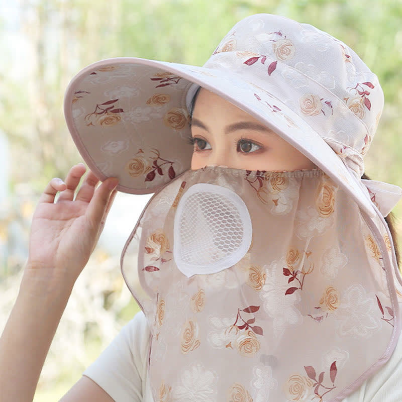 Rose Print Large Brim Shawl Mask Sun Hat - image 11
