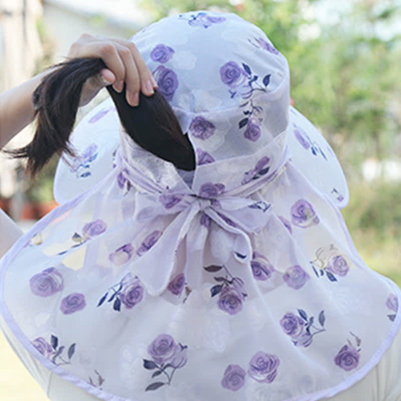 Rose Print Large Brim Shawl Mask Sun Hat - image 17