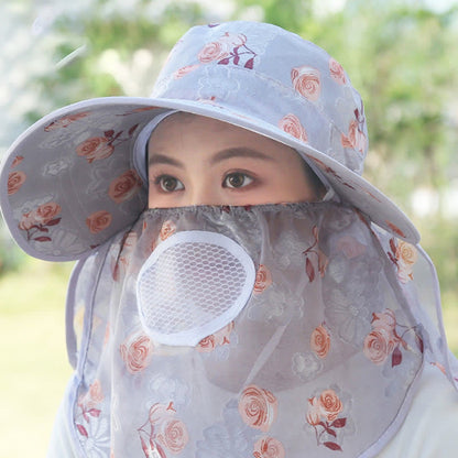 Rose Print Large Brim Shawl Mask Sun Hat - Grey - One Size - image 3