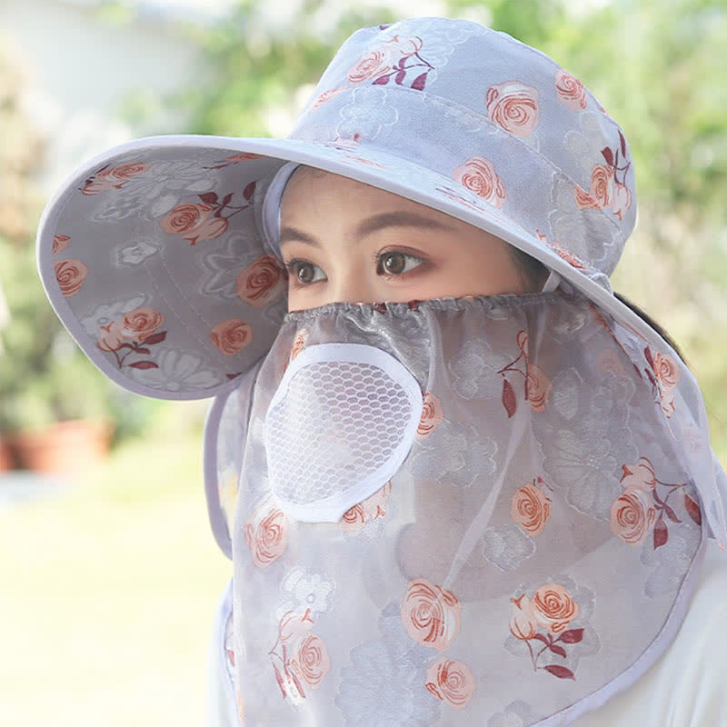 Rose Print Large Brim Shawl Mask Sun Hat - image 4