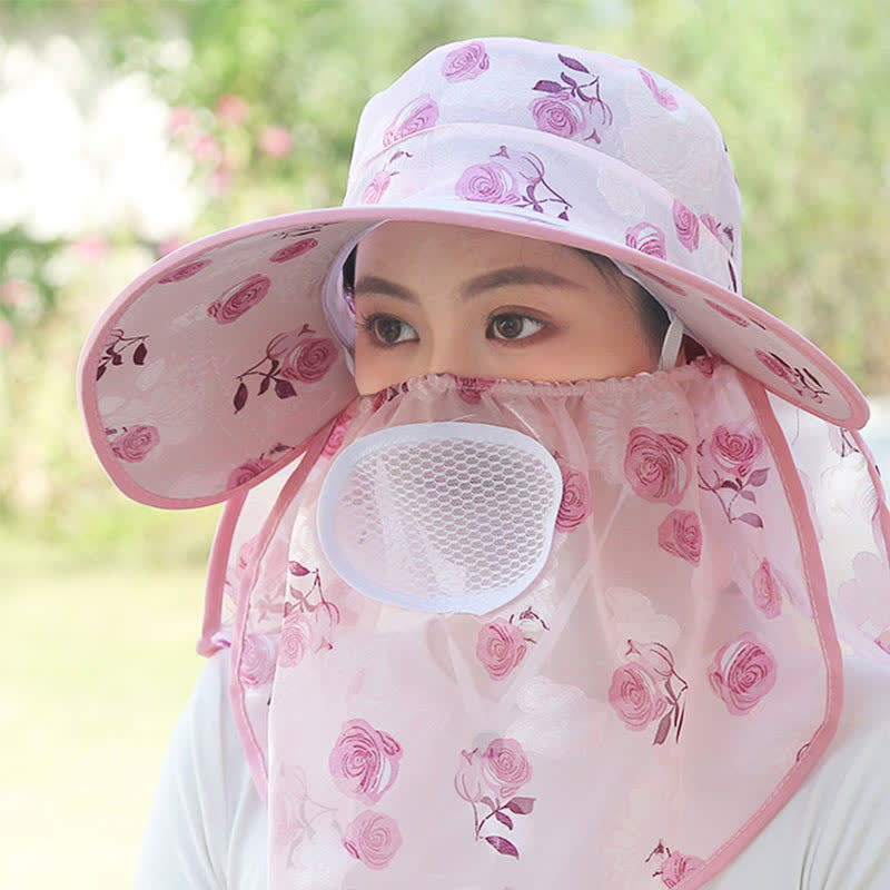 Rose Print Large Brim Shawl Mask Sun Hat - Light Pink - One Size - image 0