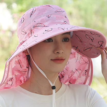 Leaf Print Large Brim Shawl Mask Sun Hat - image 5