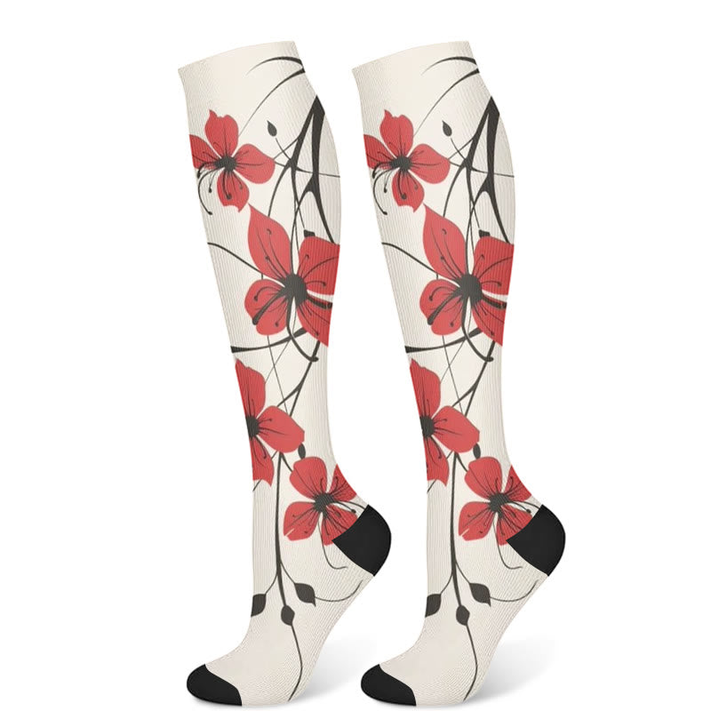 Red Flowers Compression Socks(3 Pairs) - Beige(1 Pair) - S/M - image 6