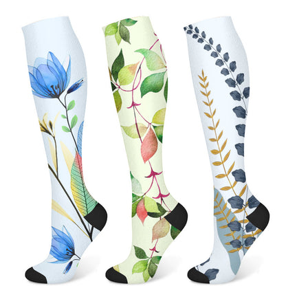 Green Leaves Blue Flowers Compression Socks(3 Pairs) - Multicolor - S/M - image 5