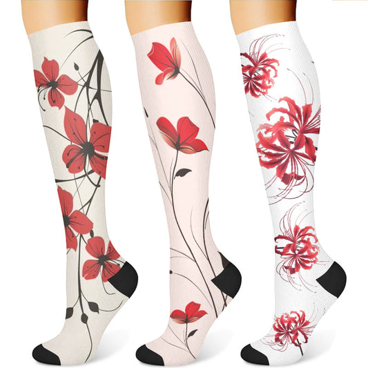Red Flowers Compression Socks(3 Pairs) - image 1