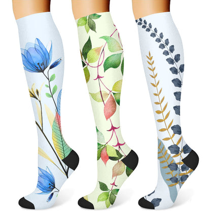 Green Leaves Blue Flowers Compression Socks(3 Pairs) - image 1