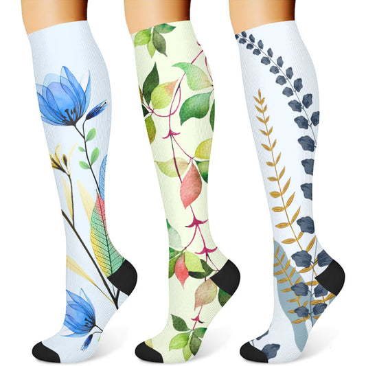 Green Leaves Blue Flowers Compression Socks(3 Pairs) - image 1