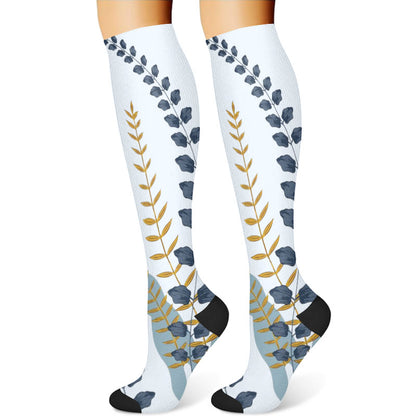 Green Leaves Blue Flowers Compression Socks(3 Pairs) - image 3