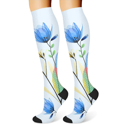 Green Leaves Blue Flowers Compression Socks(3 Pairs) - image 2