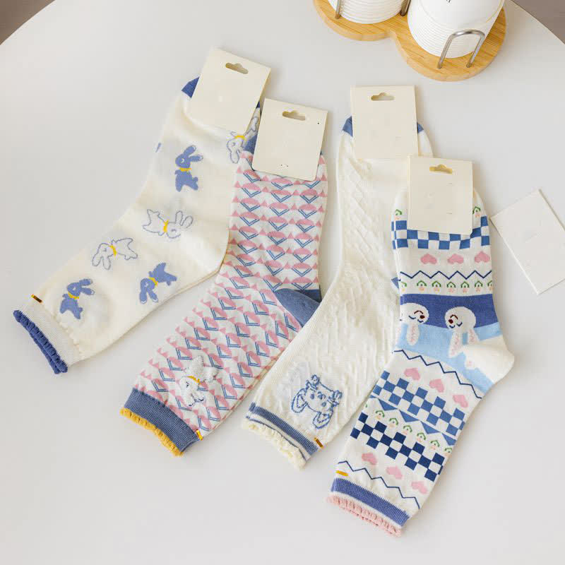 Cartoon Rabbit Print Cotton Quarter Socks(4 Pairs) - image 4