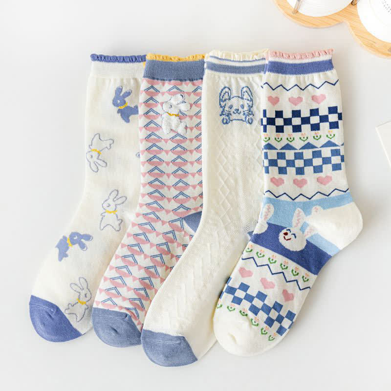 Cartoon Rabbit Print Cotton Quarter Socks(4 Pairs) - Multicolor - EU35-40(US2-7) - image 2