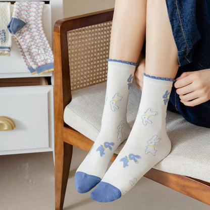 Cartoon Rabbit Print Cotton Quarter Socks(4 Pairs) - image 8