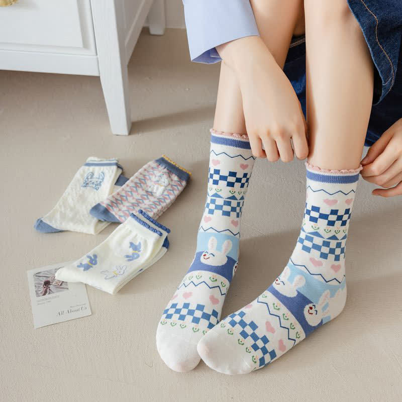 Cartoon Rabbit Print Cotton Quarter Socks(4 Pairs) - image 6