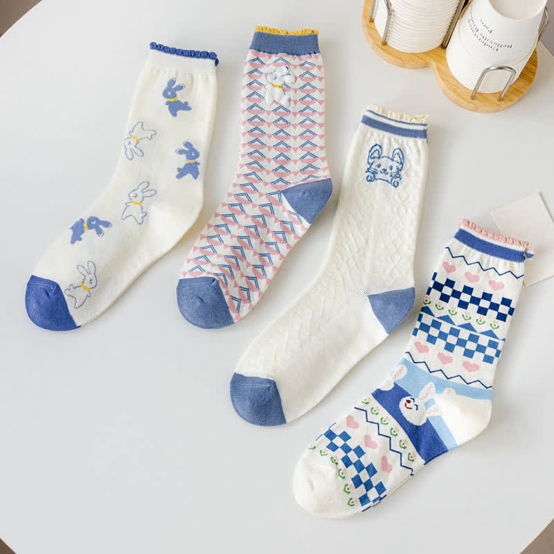 Cartoon Rabbit Print Cotton Quarter Socks(4 Pairs) - image 3