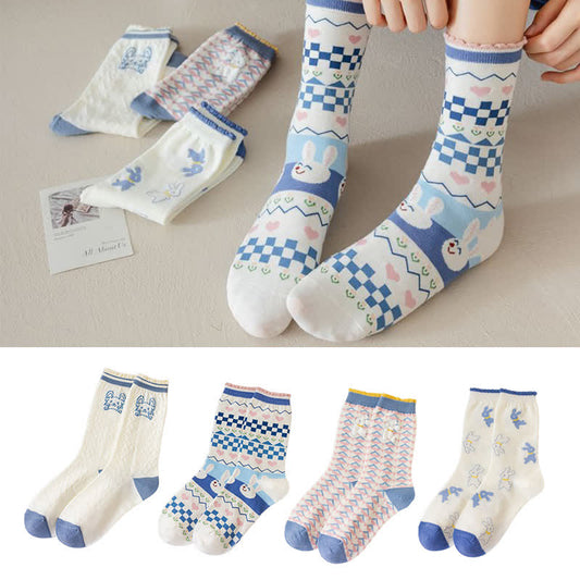 Cartoon Rabbit Print Cotton Quarter Socks(4 Pairs) - image 1