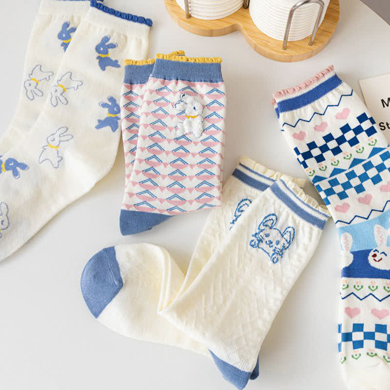 Cartoon Rabbit Print Cotton Quarter Socks(4 Pairs) - image 5