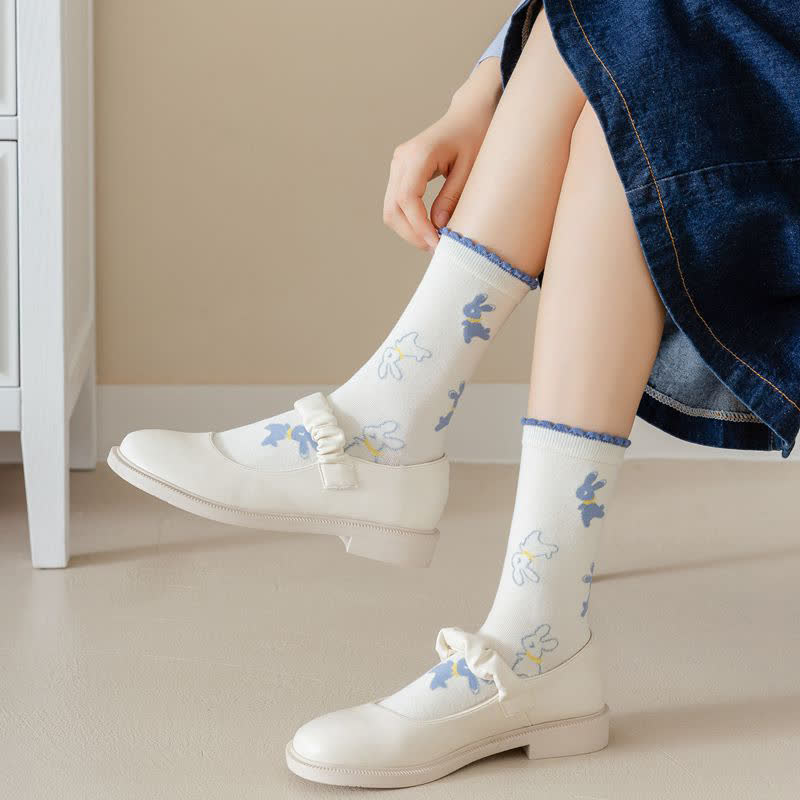 Cartoon Rabbit Print Cotton Quarter Socks(4 Pairs) - image 10