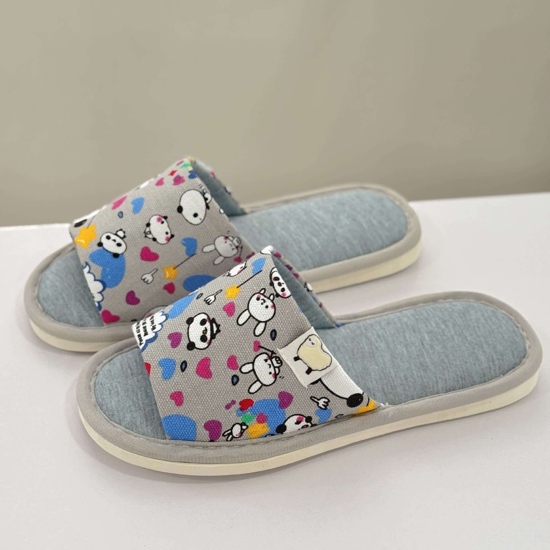 Cartoon Print Canvas Open-Toe Home Slippers - Grey - US8.5-9 - image 7
