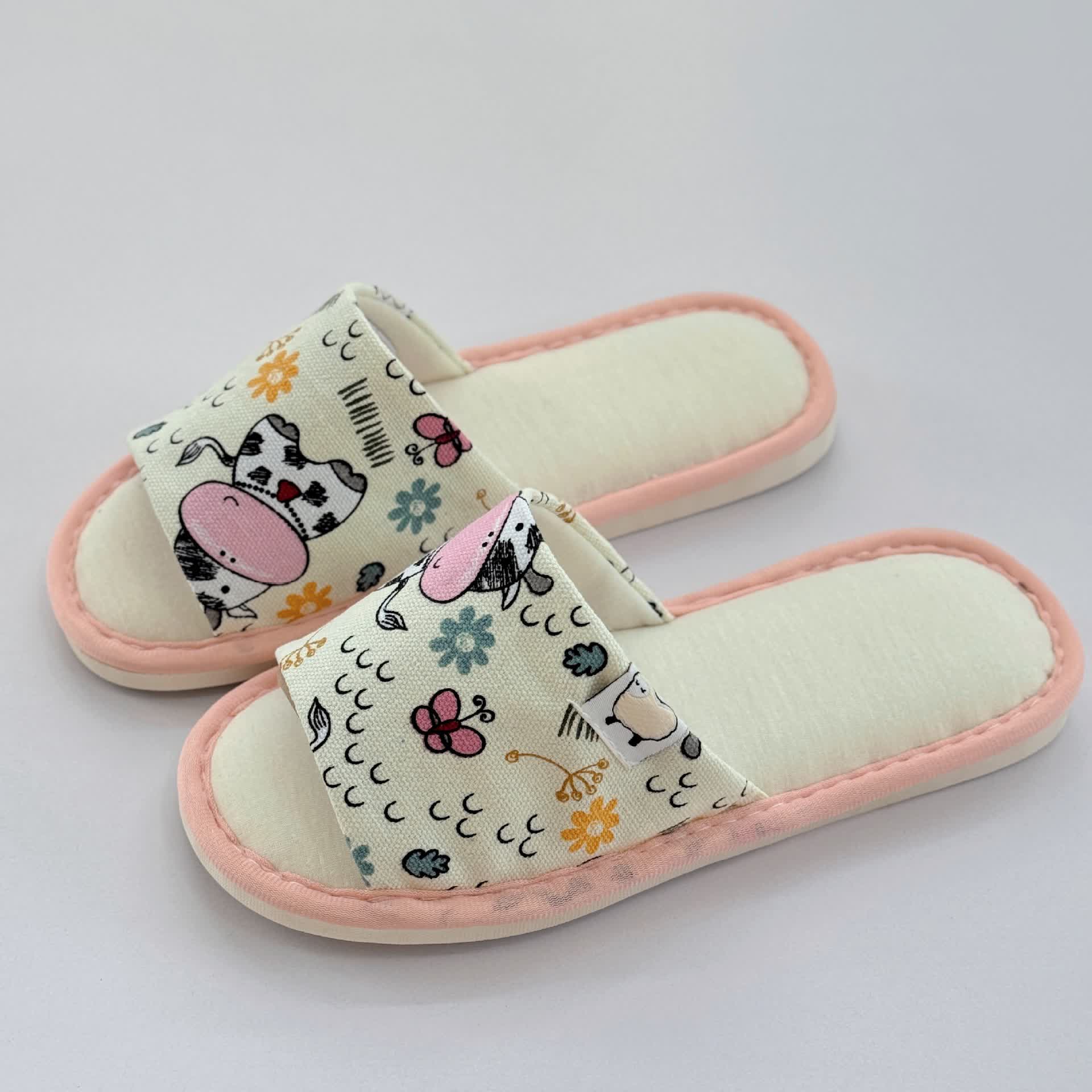 Cute Animal Print Canvas Open-Toe Home Slippers - Pink - US8.5-9 - image 1