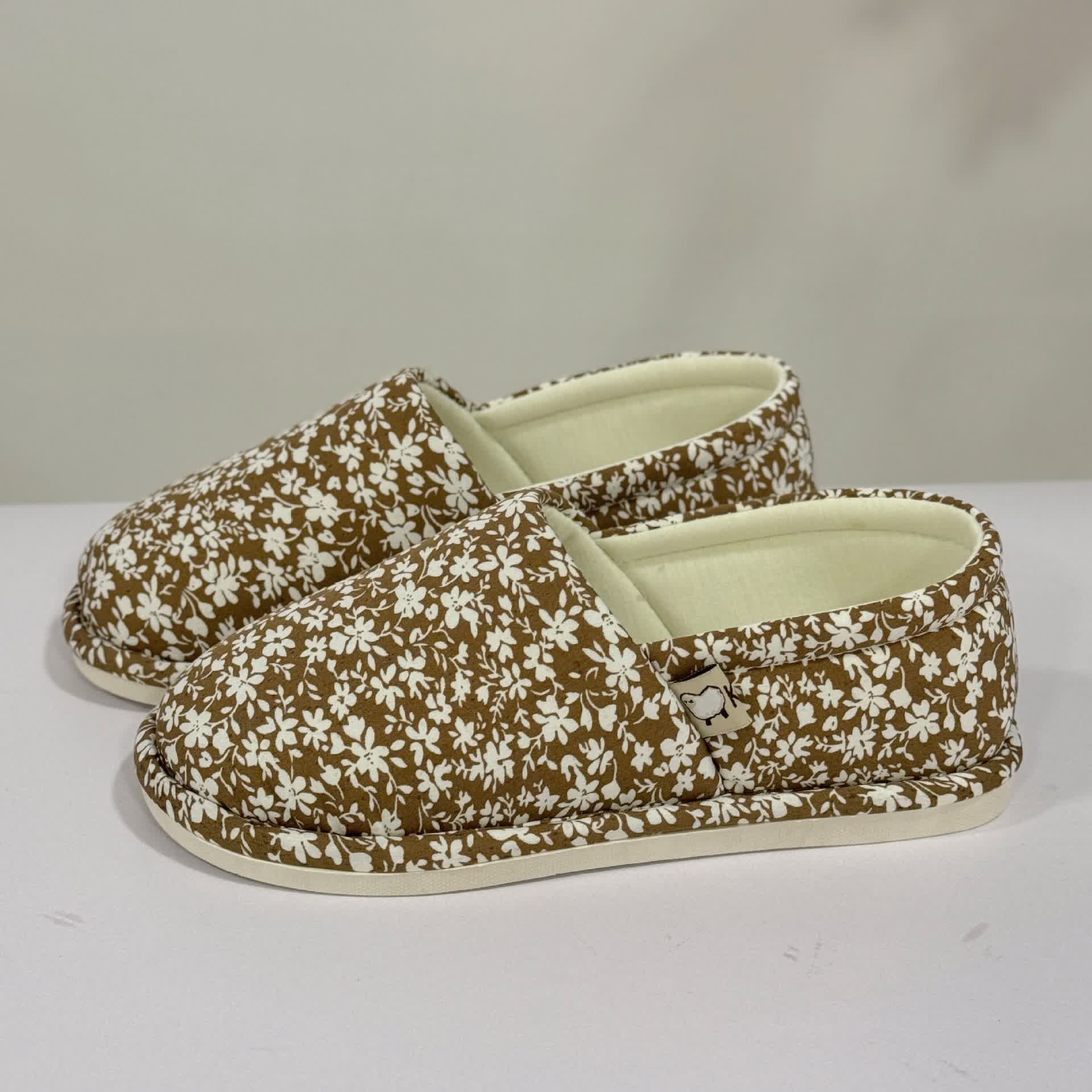 Rustic Floral Non-Slip Canvas Home Slippers - Coffee - US7.5-9 - image 9