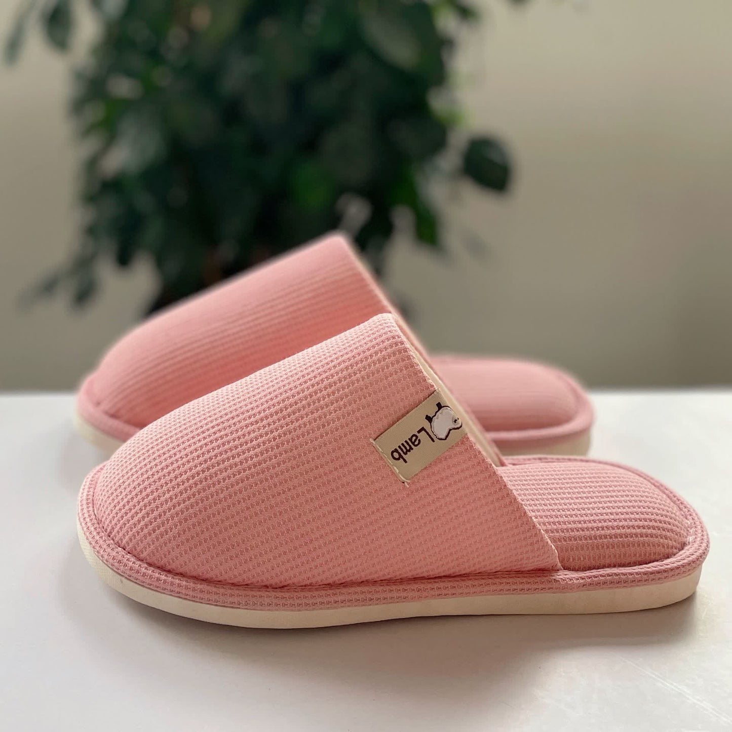 Solid Color Simple Waffle Home Slippers - Pink - US10-11 - image 4