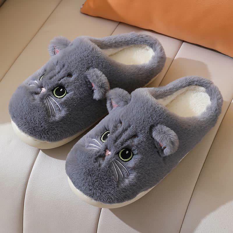 Cute Cartoon Kitten Indoor Plush Slippers - Grey - US10-11 - image 12