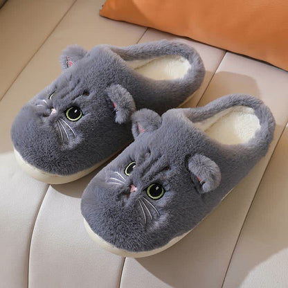 Cute Cartoon Kitten Indoor Plush Slippers - Grey - US10-11 - image 12