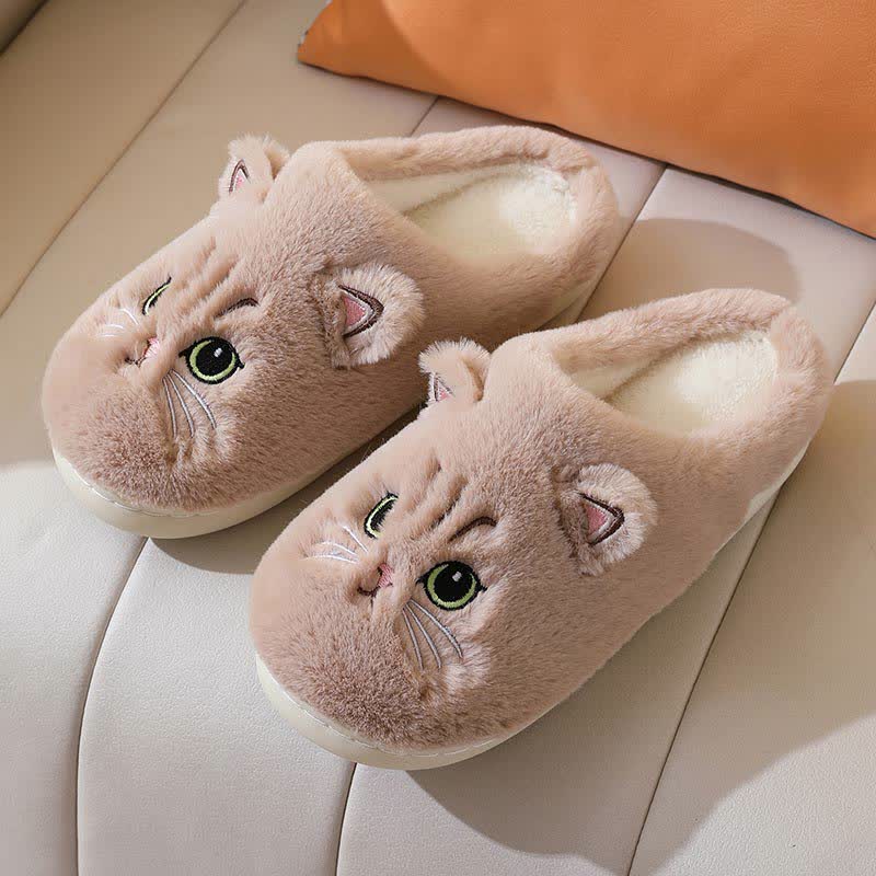 Cute Cartoon Kitten Indoor Plush Slippers - Brown - US10-11 - image 11
