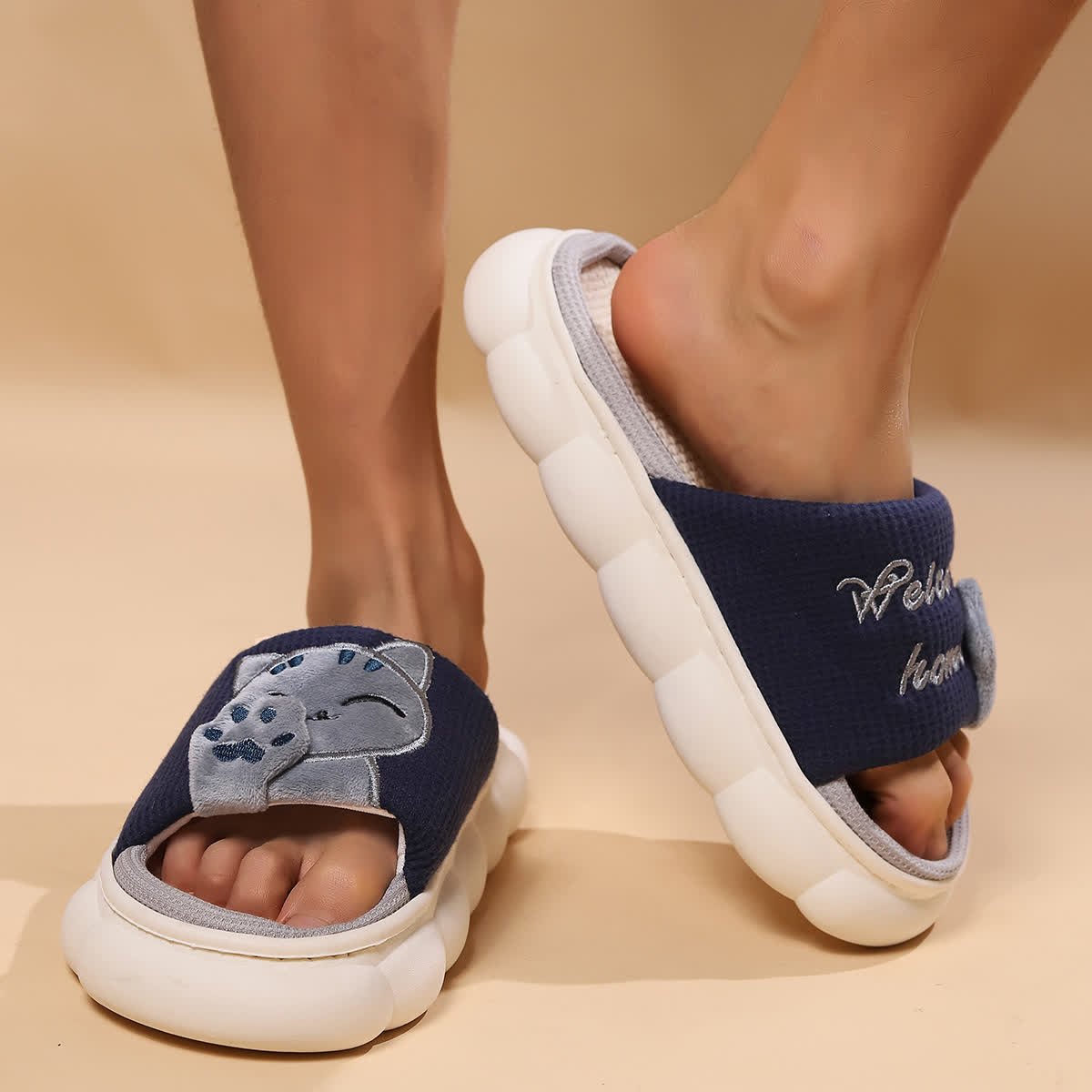 Cute Cartoon Kitten Home Slippers - Navy Blue - US10-11 - image 11