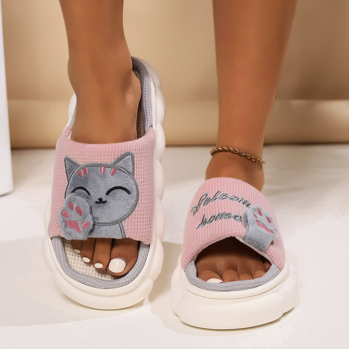 Cute Cartoon Kitten Home Slippers - Pink - US10-11 - image 3