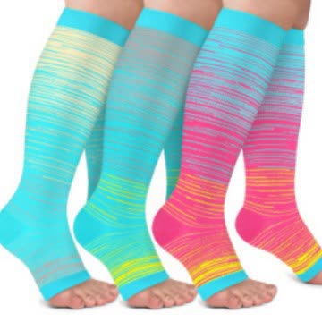 Colorful Striped Open Toe Compression Socks(3 Pairs) - Multicolor - 2XL - image 1