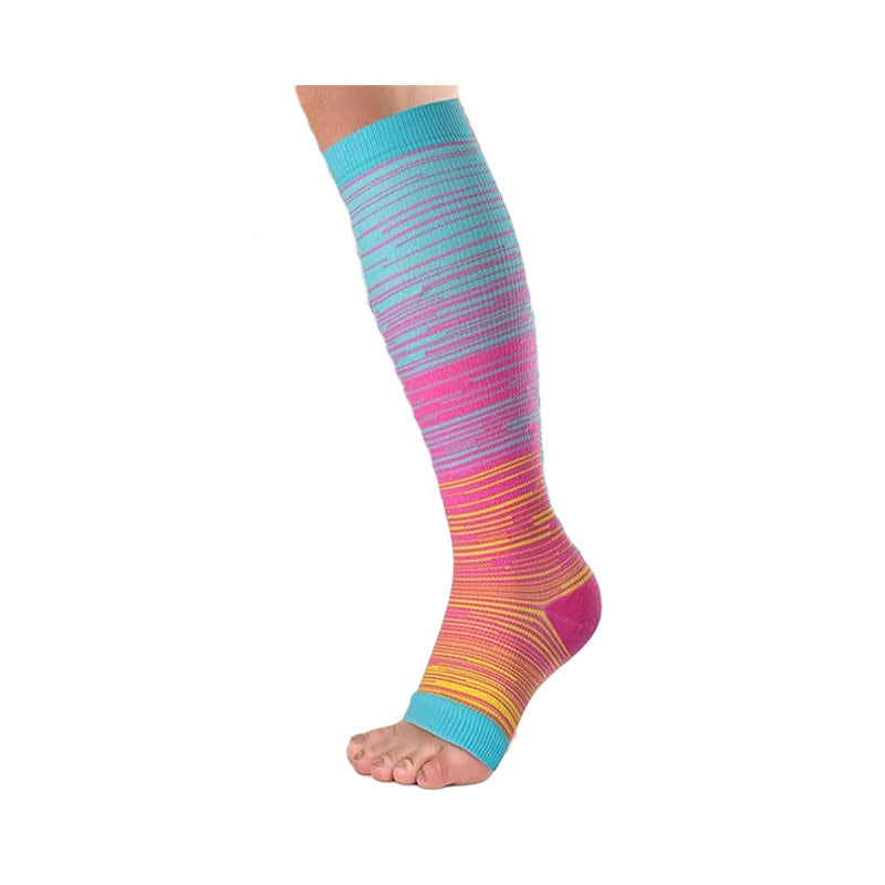 Colorful Striped Open Toe Compression Socks(3 Pairs) - Pink - 2XL - image 2