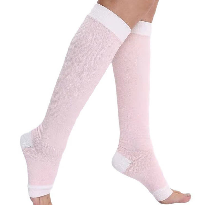 Simple Solid Color Open Toe Compression Socks(2 Pairs) - Pink - 2XL - image 2