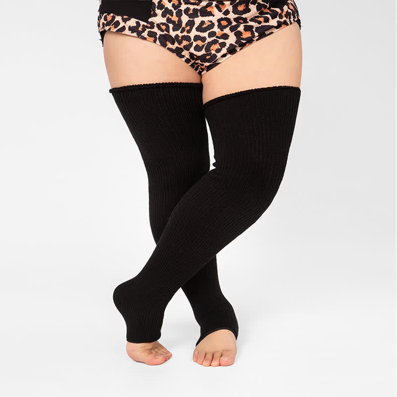 Plus Size Stripe Open Toe Thigh High Compression Socks - Black - One Size - image 22