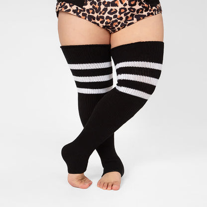 Plus Size Stripe Open Toe Thigh High Compression Socks - Black+White - One Size - image 2