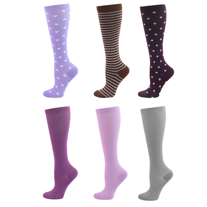 Polka Dot Heart Print Compression Socks(6 Pairs)
