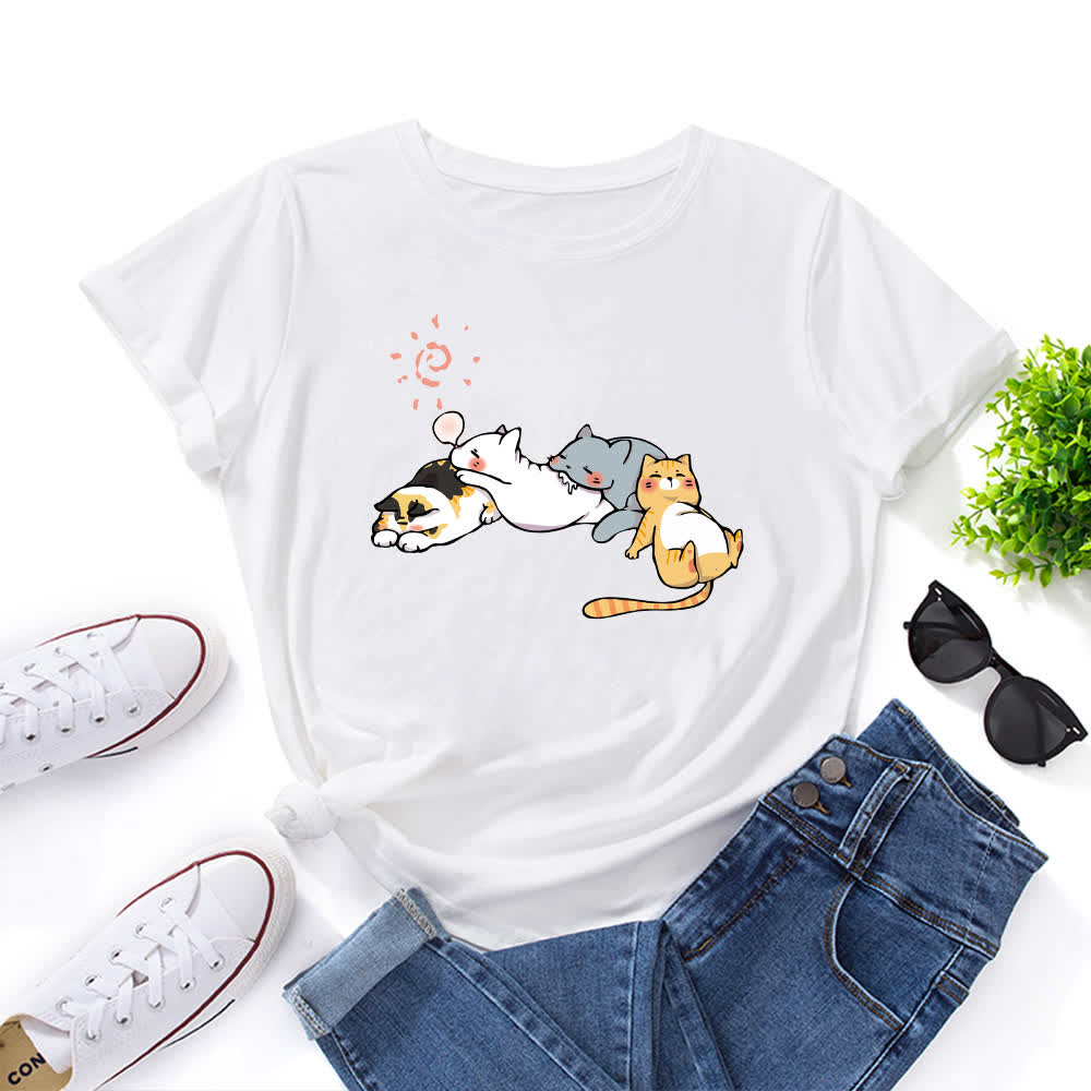 Plus Size Cat Print Round Neck Short Sleeve T-Shirt - White - 5XL - image 4