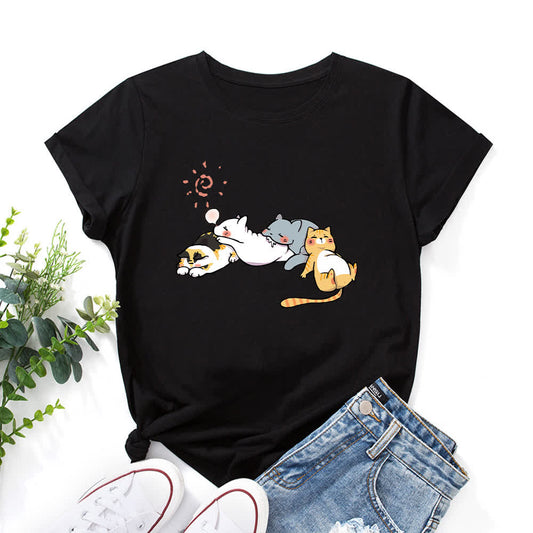 Plus Size Cat Print Round Neck Short Sleeve T-Shirt - Black - 5XL - image 0
