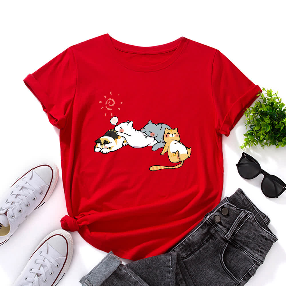 Plus Size Cat Print Round Neck Short Sleeve T-Shirt - Red - 5XL - image 1