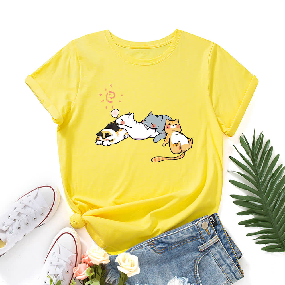 Plus Size Cat Print Round Neck Short Sleeve T-Shirt - Yellow - 5XL - image 2