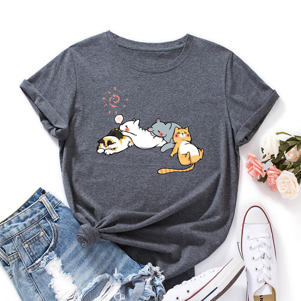 Plus Size Cat Print Round Neck Short Sleeve T-Shirt - Dark Grey - 5XL - image 6