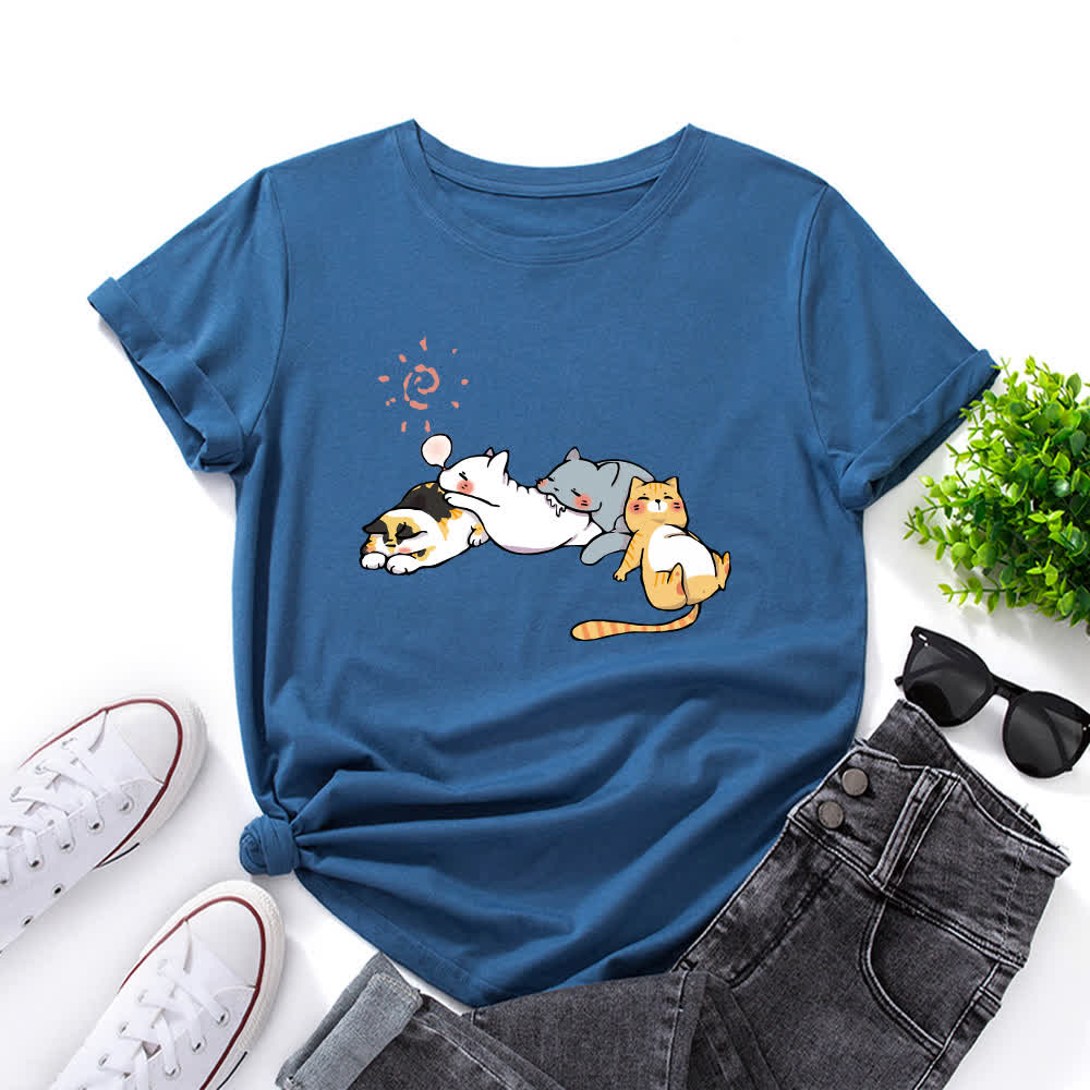 Plus Size Cat Print Round Neck Short Sleeve T-Shirt - Royal Blue - 5XL - image 5
