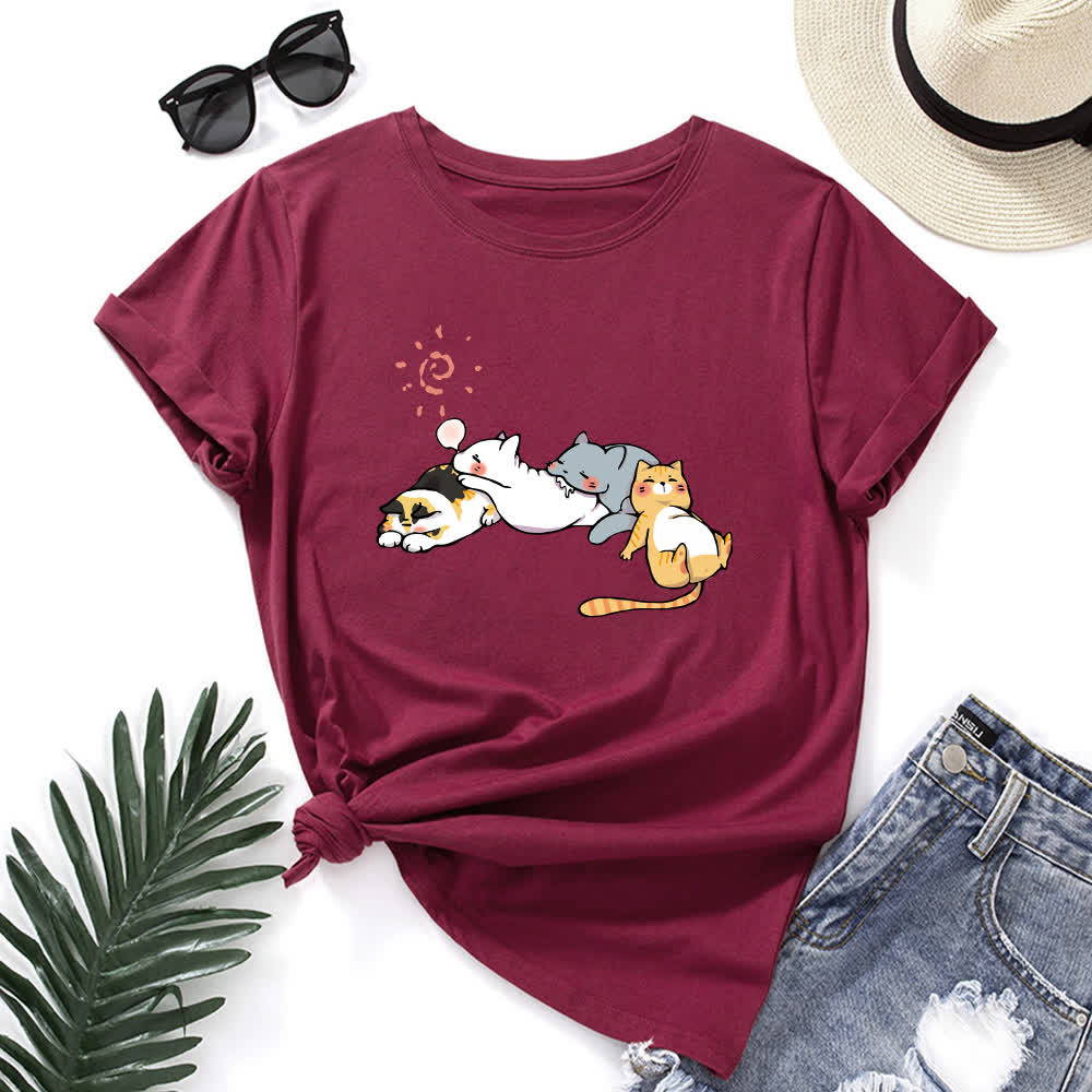 Plus Size Cat Print Round Neck Short Sleeve T-Shirt - Wine - 5XL - image 12