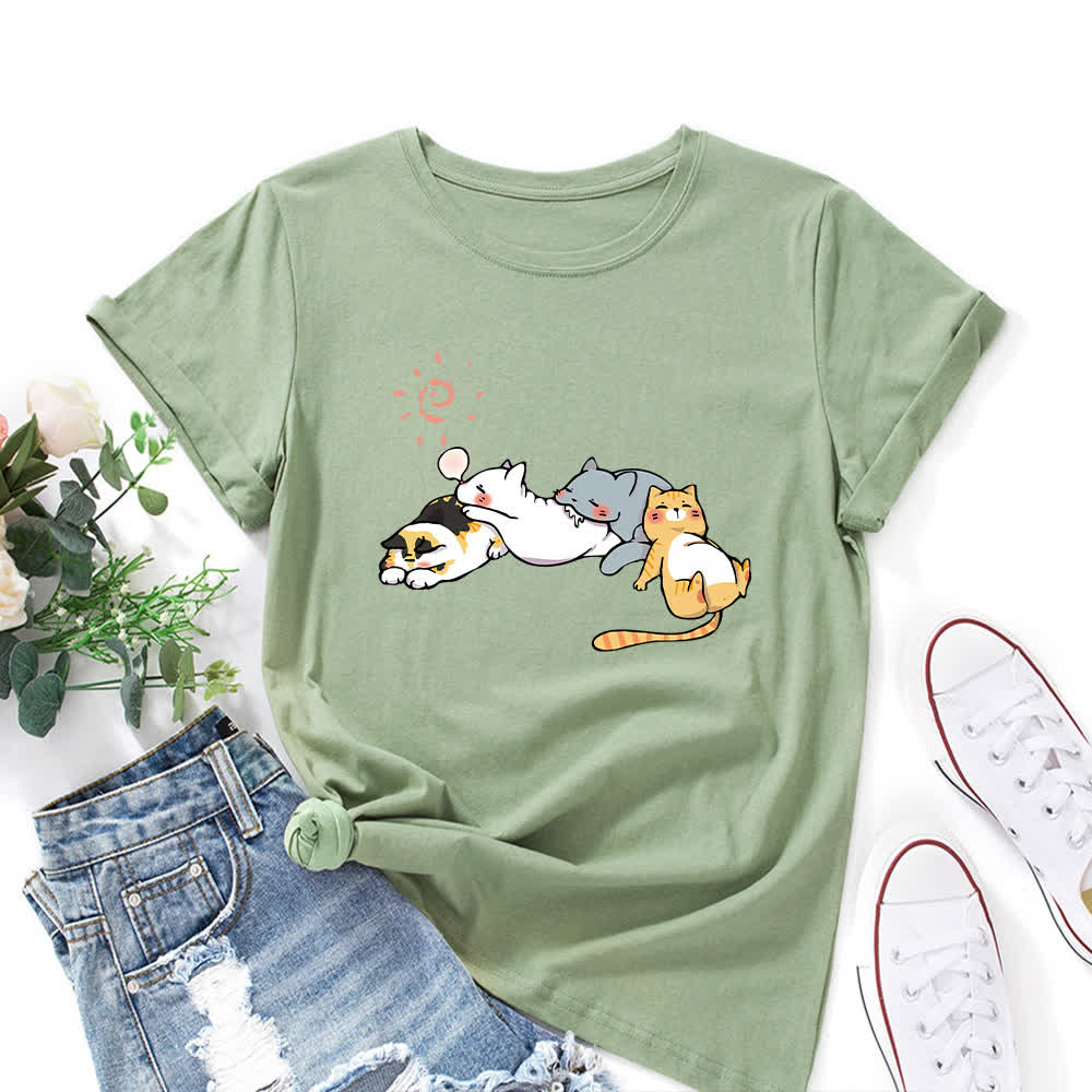 Plus Size Cat Print Round Neck Short Sleeve T-Shirt - Olive Green - 5XL - image 10