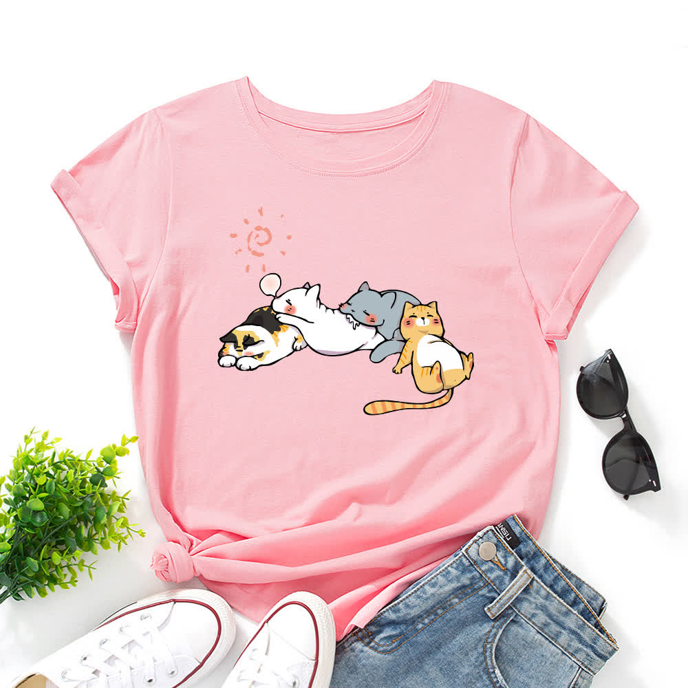 Plus Size Cat Print Round Neck Short Sleeve T-Shirt - Dark Pink - 5XL - image 8