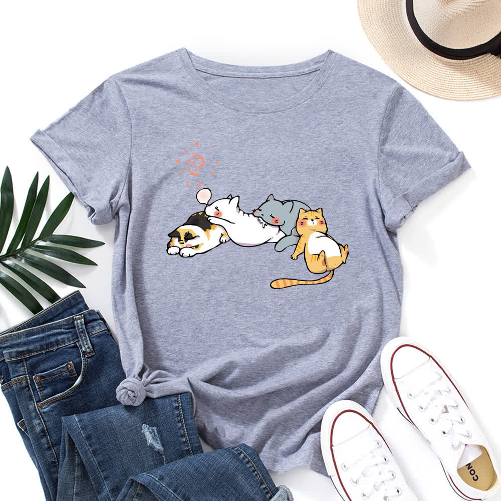 Plus Size Cat Print Round Neck Short Sleeve T-Shirt - Light Gray - 5XL - image 9