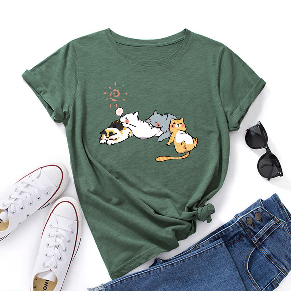 Plus Size Cat Print Round Neck Short Sleeve T-Shirt - Army Green - 5XL - image 6